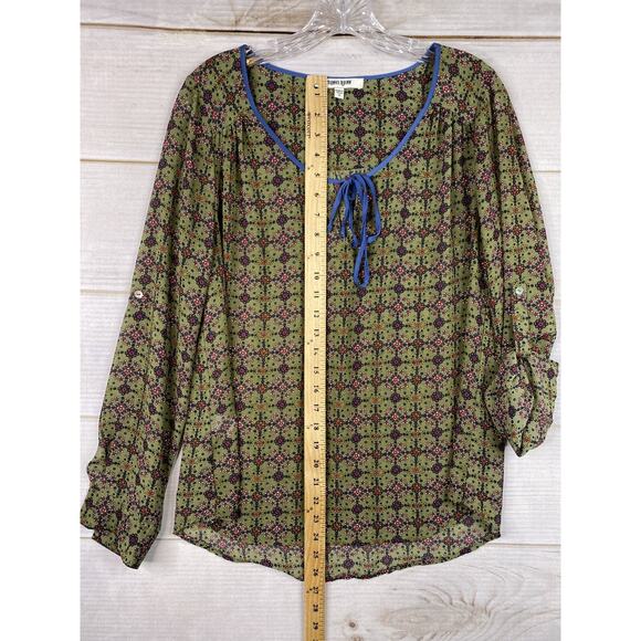 Anthropologie Daniel Rainn Top Womens M Green Medallion Keyhole Sheer Roll Tab - Picture 5 of 10